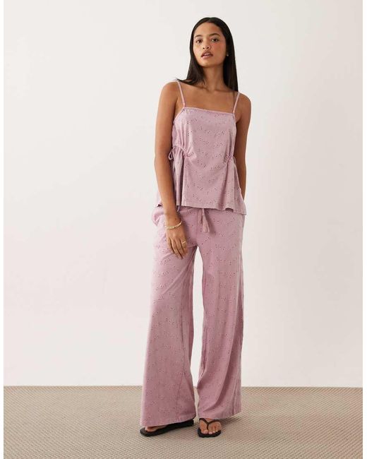 ASOS Pink Wide Leg Drawcord Tassel Detail Jersey Broderie Co-ord Trouser