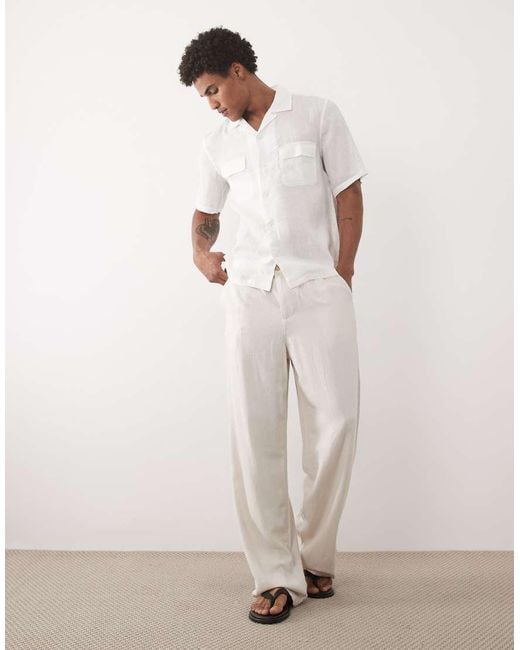 Mango White 100% Linen Short Sleeve Shirt With Front Pockets for men