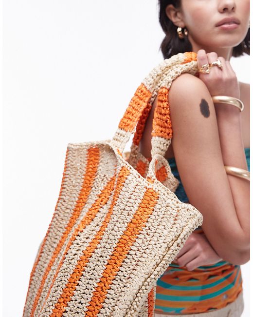 Tana - tote bag oversize en paille tressée - orange à rayures TOPSHOP en coloris White
