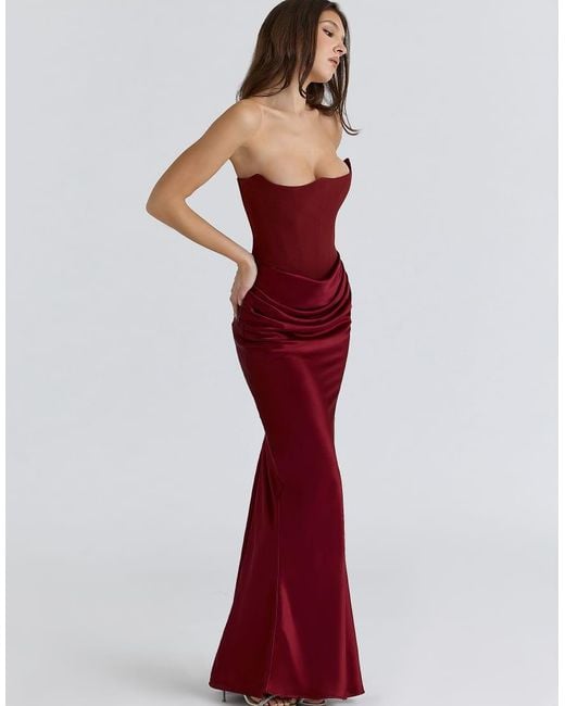 House Of Cb Red Persephone Wine Strapless Corset Maxi Dress