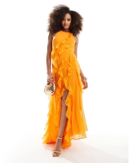 ASOS Orange Racer Neckline Ruffle Maxi Dress With Hi Low Hem