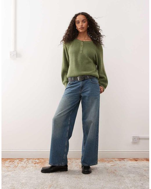 Collusion Green Raglan Button Up Knit Sweater
