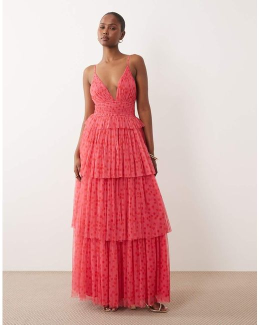 LACE & BEADS Pink Tulle Cami Plunge Tiered Maxi Dress