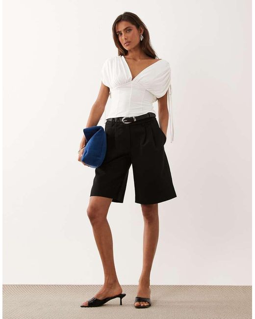 ASOS White Slinky Deep Ruched Off The Shoulder Top