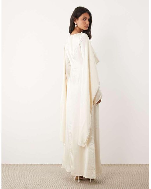 JW PEI Natural Satin Pearl Trimmed Cape Sleeve Maxi Dress