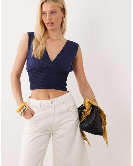 Mango Blue Teen Deep V Ruched Waist Top
