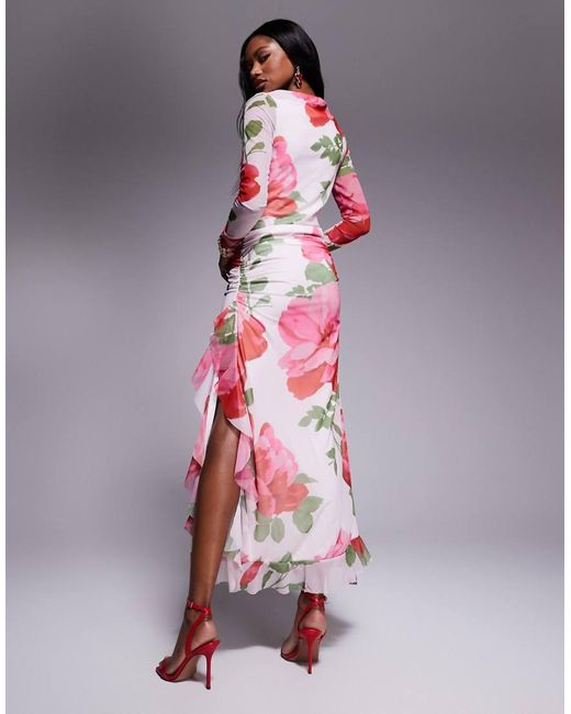ASOS Multicolor Mesh Long Sleeve Frill Detail A Line Maxi Dress