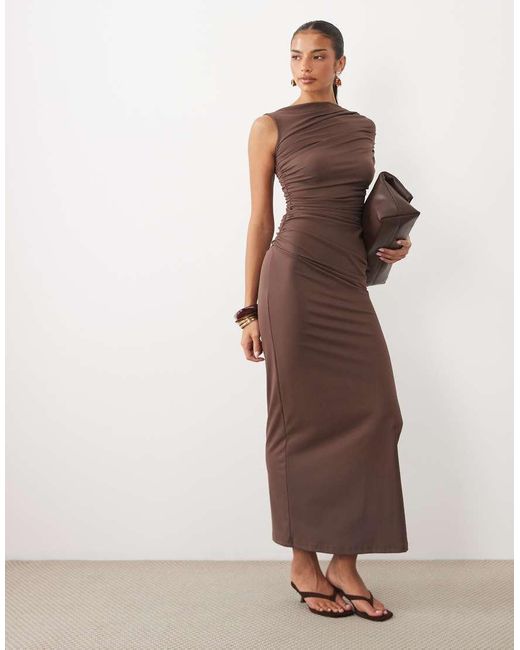 4th & Reckless Brown Double Layered Slinky Drape Waist Detail High Neck One Sleeve Maxi Dress
