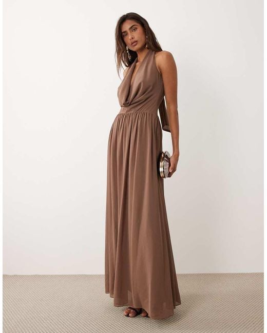 Aria Cove Brown Plunge Cowl Neck Wrap Scarf Detail Maxi Dress