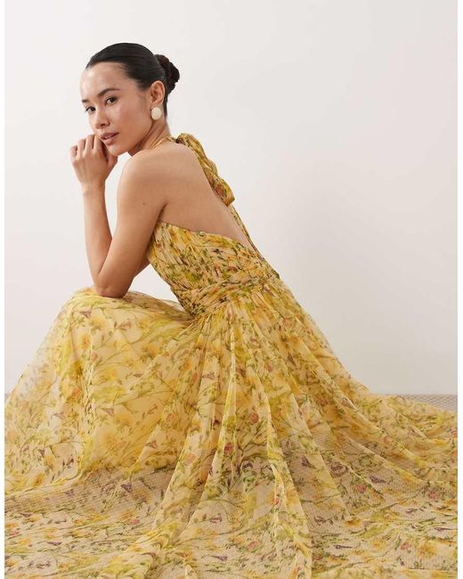 LACE & BEADS Metallic Tulle High Neck Midi Dress