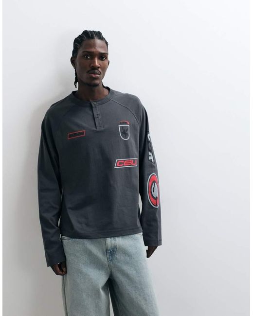 ASOS Black Long Sleeve Boxy Oversized Henley T-shirt With Street Graphics for men