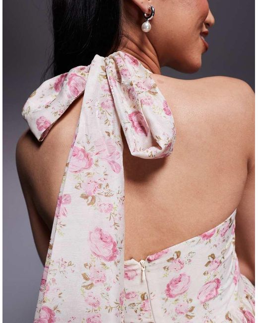 ASOS Gray Jacquard Halter Ruffle Midi Dress