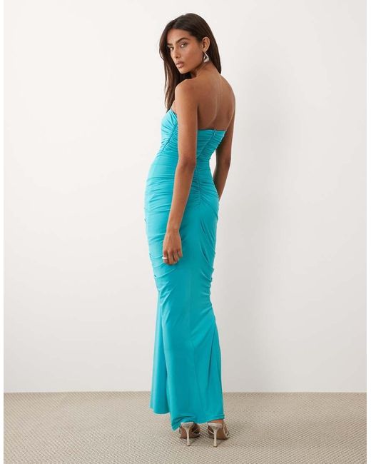 TFNC London Blue Slinky Bandeau Ruched Front Split Maxi Dress