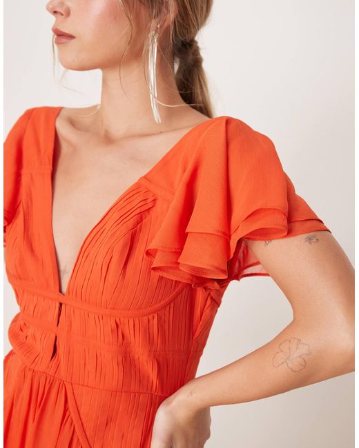 ASOS Red Flutter Sleeve Ruched Maxi Dress With Hi Low Hem