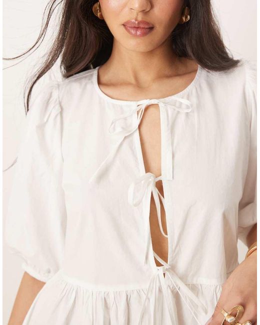Gina Tricot Natural Mini Dress With Tie Front Bodice And Puff Sleeves
