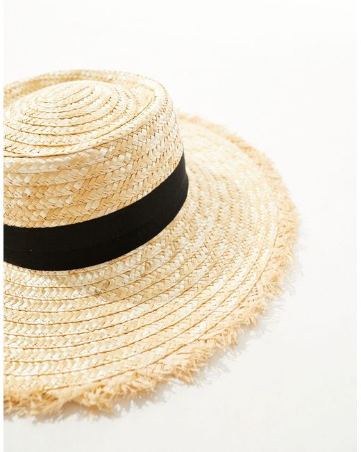 South Beach Natural Straw Boater Hat With Frayed Edge