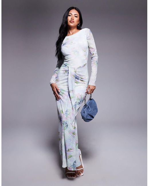 ASOS Blue Mesh Long Sleeve Slash Neck Open Back Maxi Dress With Sash