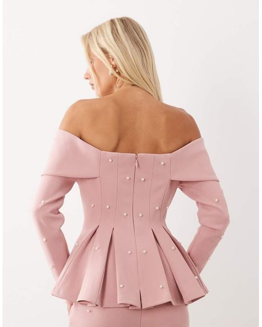 ASOS Pink Pearl Embellished Off Shoulder Blazer Top