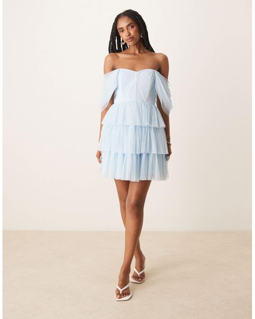 LACE & BEADS Blue Off Shoulder Corset Tulle Mini Dress
