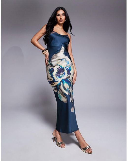 ASOS Lace Insert Satin Maxi Dress With Tie Back in Blue | Lyst