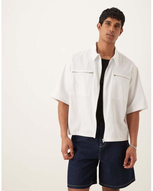 ASOS White Oversized Half Sleeve Shirt With Zip Pocket Detail for men
