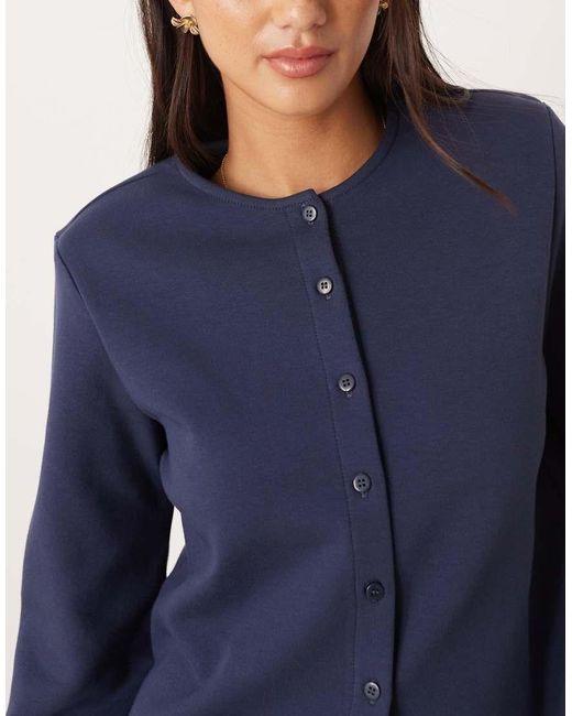 ASOS Blue Interlock Button Through Boxy Top With Shoulder Pads
