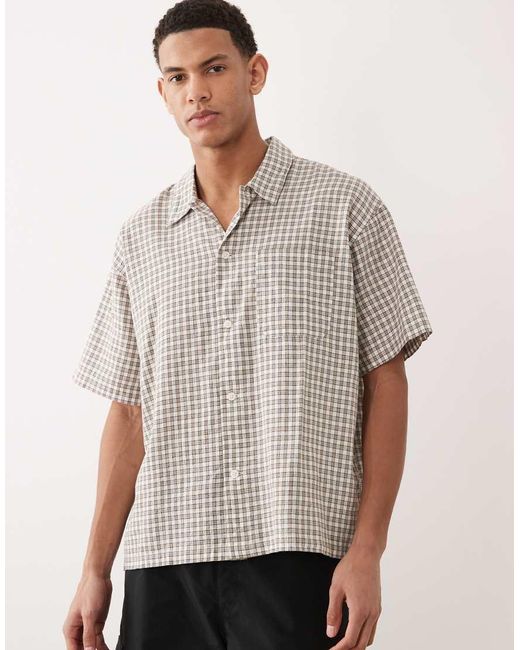 Jack & Jones Gray Linen Blend Cropped Short Sleeve Plaid Shirt for men
