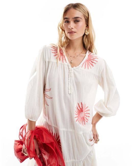 Accessorize White – midi-strandkleid mit sommerlichem sonnenprint und puffärmeln