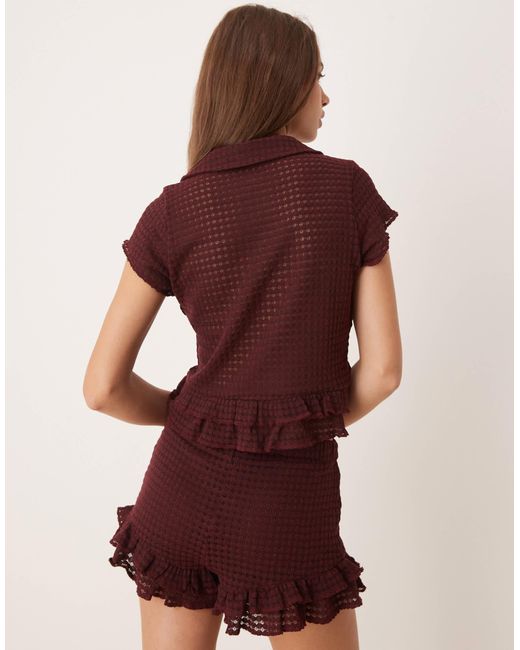 ASOS Brown Crochet Button-through Top With Ruffle Sleeves And Hem