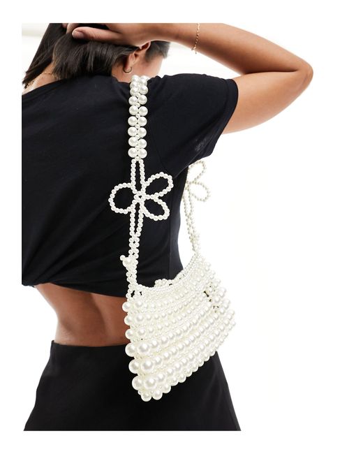 True Decadence Black Flower Strap Pearl Shoulder Bag