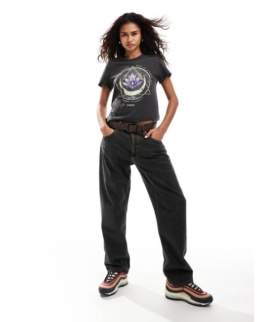 ONLY Black Acid Wash Lotus Motif T-Shirt