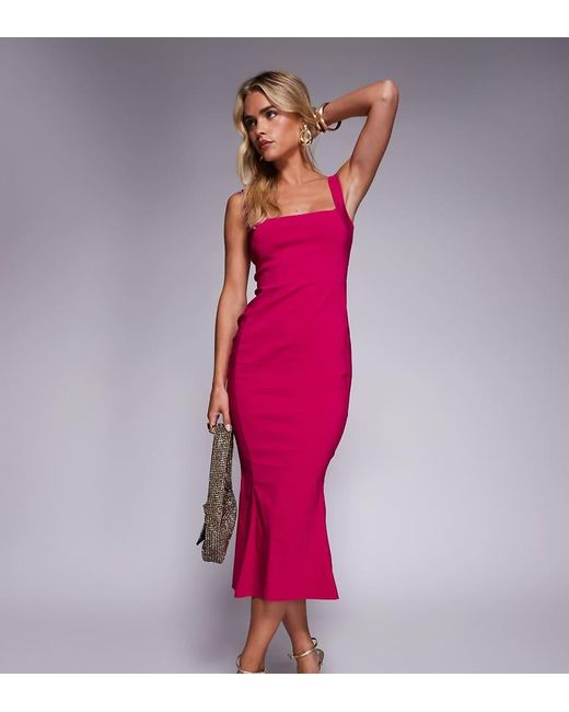 Vesper Petite Pink Bengaline Sleeveless Square Neck Fishtail Midi Dress
