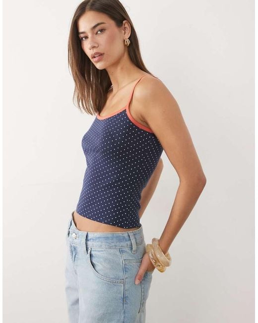 ASOS Blue Contrast Red Binding Polka Dot Tank Top