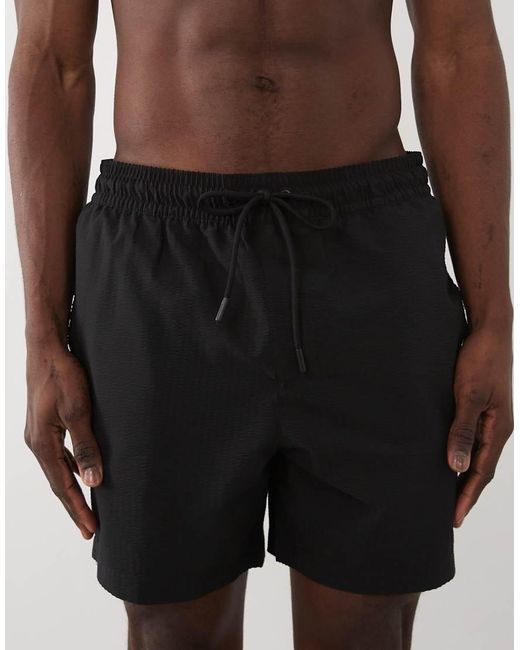 Threadbare Black Drawcord Waist Seersucker Swim Shorts for men
