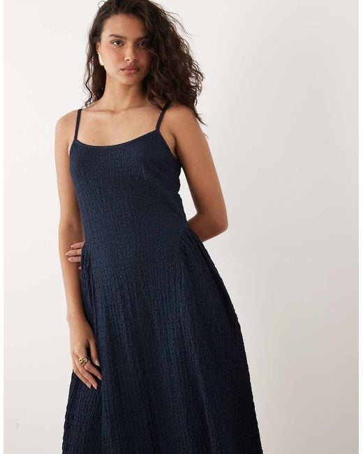 Vila Blue Jacquard Jersey Cami Midi Dress With Waist Details
