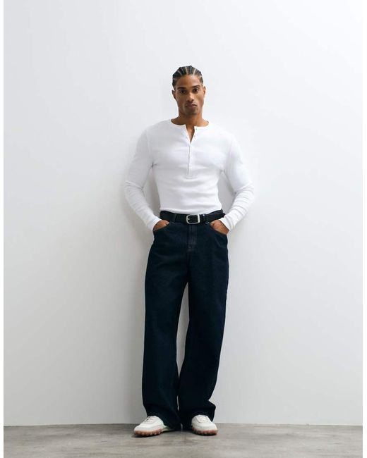 ASOS White Muscle Fit Long Sleeve T-Shirt With Henley Neck for men