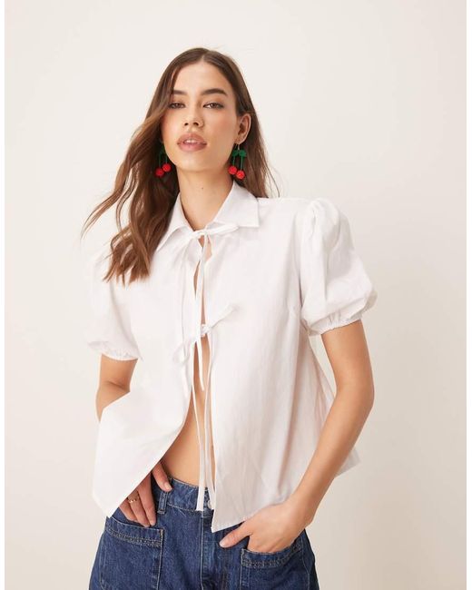 ASOS Blue Tie Front Puff Sleeve Blouse