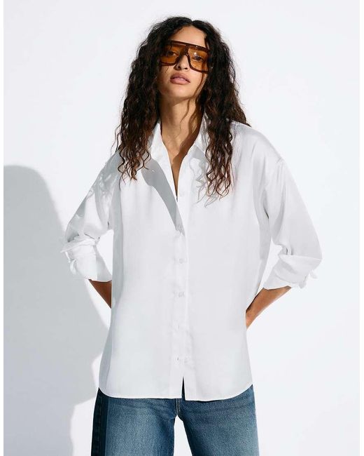 Bershka White Oversize Sateen Long Sleeve Shirt