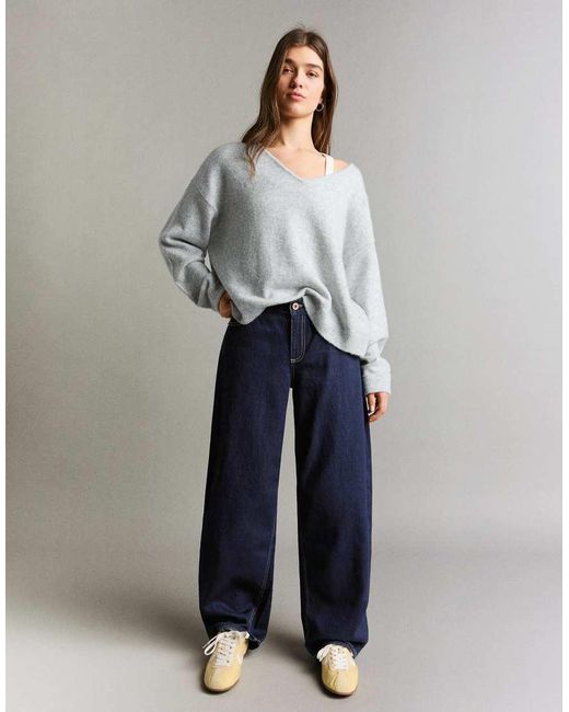 Bershka Blue Low-Rise Baggy Barrel Jeans