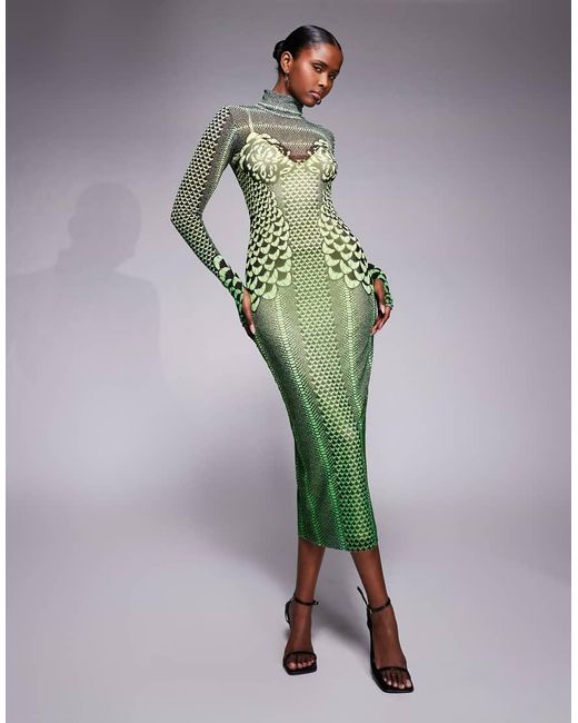 AFRM Green Shailene Mesh High Neck Long Sleeve Midi Dress