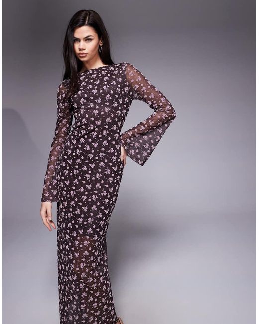 ASOS Purple Flocked Floral Maxi Dress With Flute Sleeve