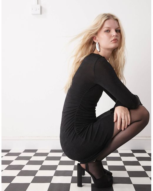 Monki Women's Black Long Sleeve Mesh Rhinestone Mini Dress