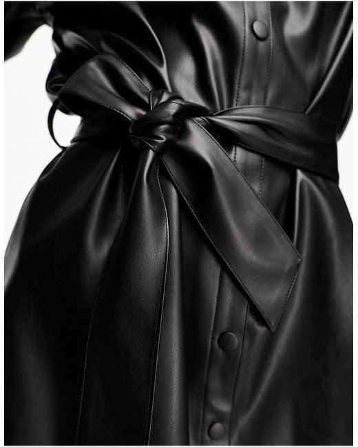 Miss Selfridge Black Faux Leather Belted Shirt Dress