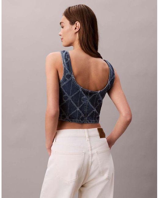 Calvin Klein Blue Laser Cut Repeat Logo Denim Bralette Top