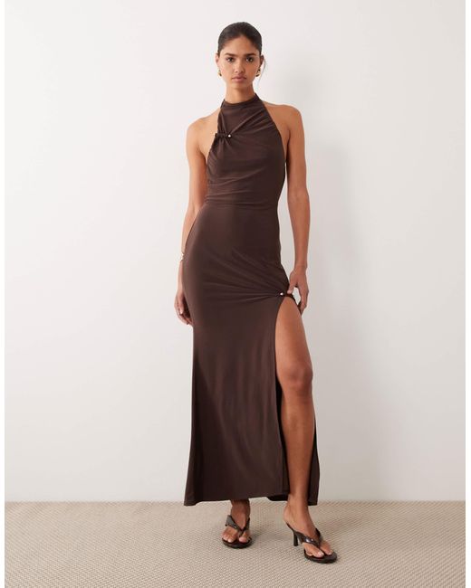 chinese dress ladies Rent Asos Edition Satin Ruched Halter Neck Maxi Dress In Wine In Burgundy