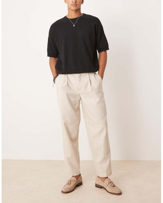 ASOS Natural Smart Oversized Tapered Pleated Trousers With Wool for men