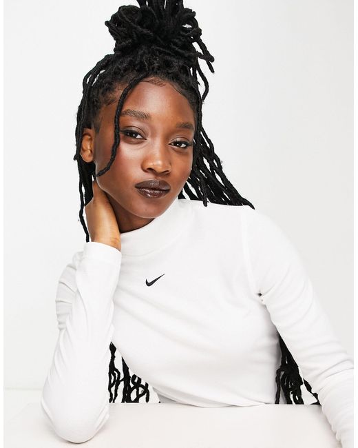 Nike White – essential – langärmliges, geripptes oberteil mit stehkragen