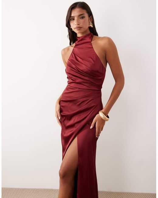 TFNC London Red Bridesmaid Satin Halter Neck Pleat Detail Maxi Dress