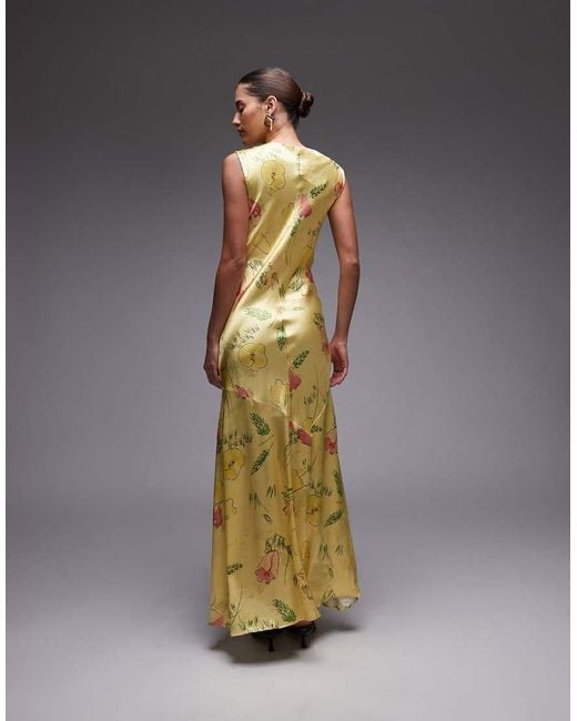 TOPSHOP Maxi-Jurk Met Gedrapeerde Hals En Limoengroene Bloemenprint in het Green