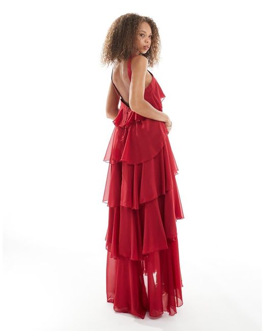 Vero Moda Red Felicia Halter Neck Tie Maxi Dress With Corsage Detail